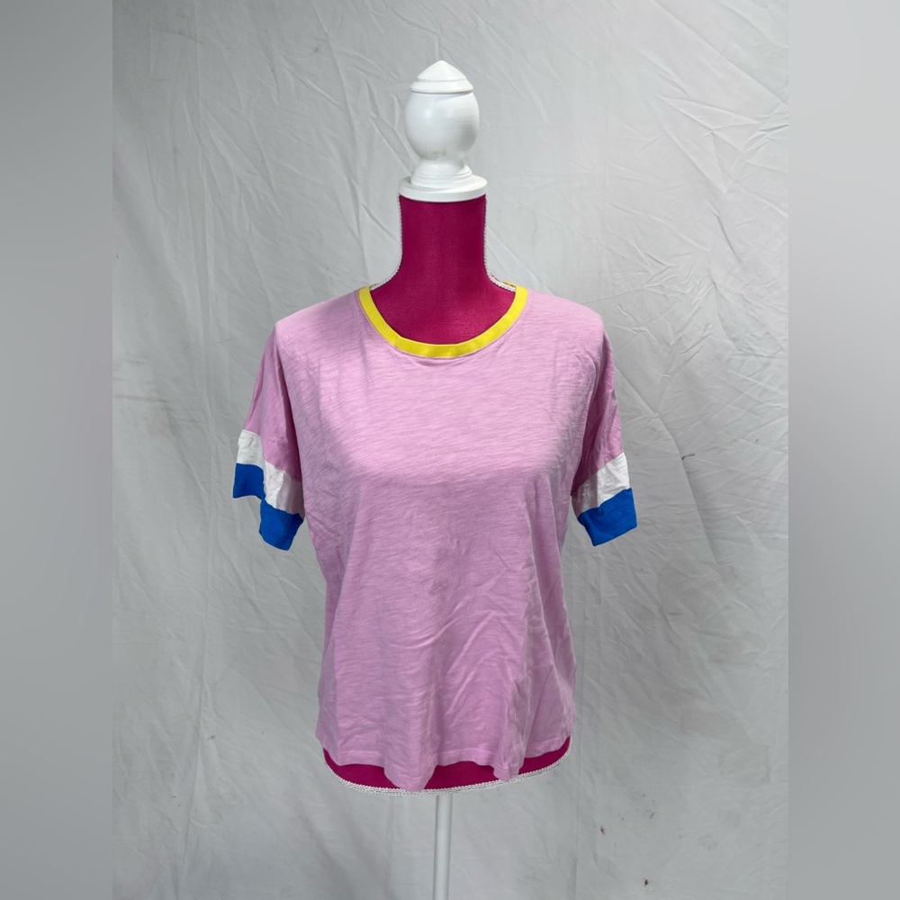 Boden Clarissa Jersey T-Shirt Peony Pink Yellow Blue Ringer T-Shirt | Size 10